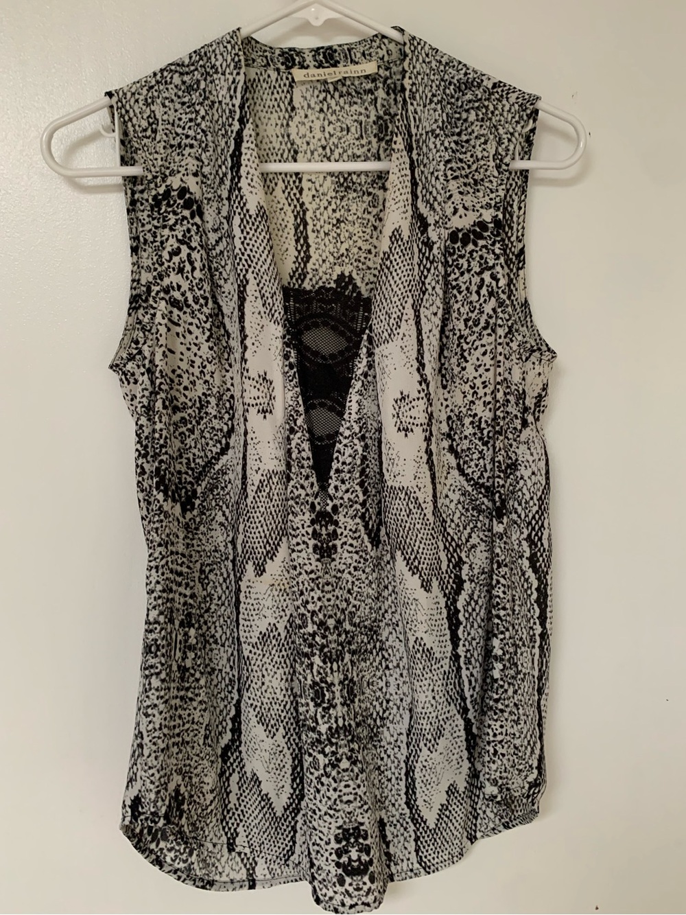 Daniel Rainn Black & White Snake-Print Top with Lace Detail